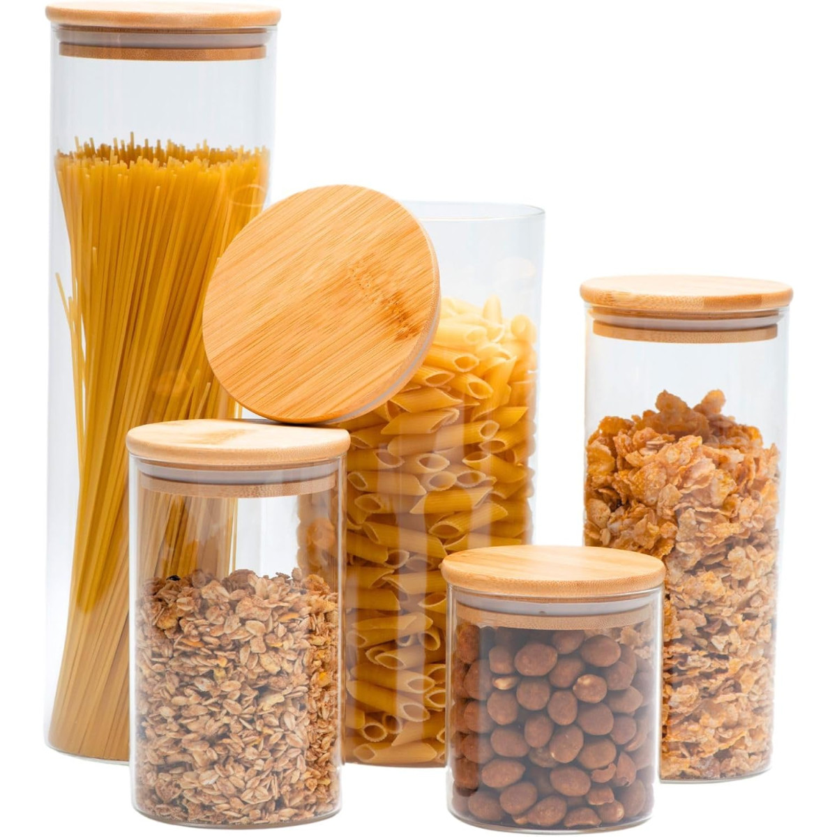 Potes Herméticos de Vidro com Tampa Bambu Porta Mantimentos Transparente Kit 5 Unidades