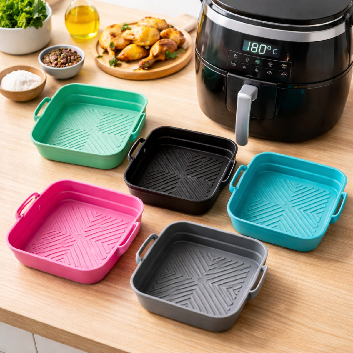 Forma de Silicone Air Fryer Grande 21CM Antiaderente Assadeira Fritadeira Quadrada 4L a 12L