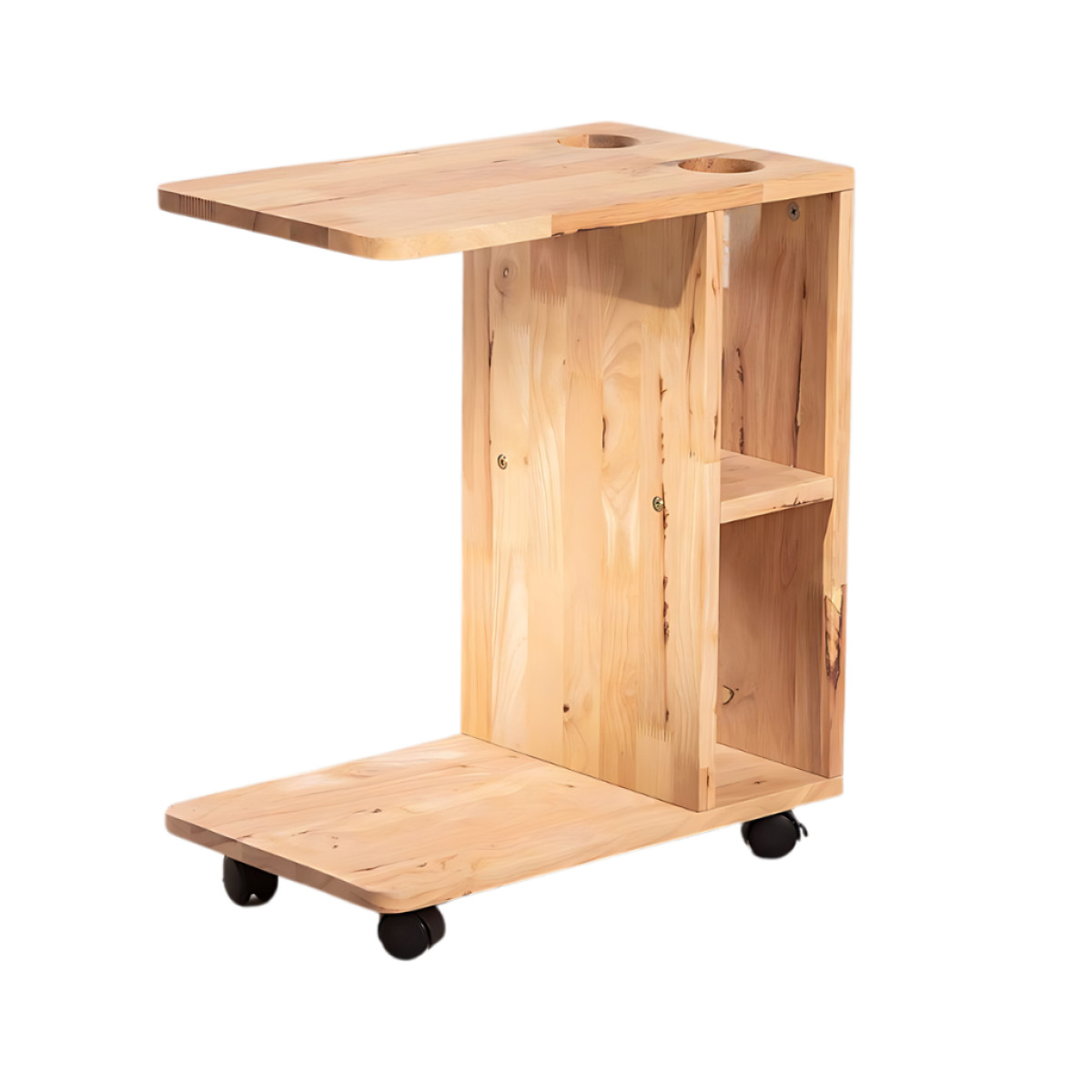 Mesa de Apoio Lateral Notebook com Rodinhas 360° Madeira Porta-Copos e Nichos