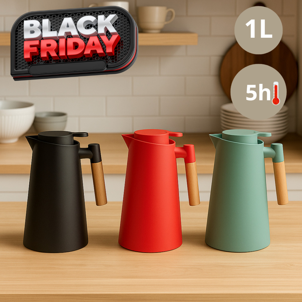 Garrafa Térmica Nórdica 1 Litro Café e Chá Bule Cabo Madeira Botão Mantém Temperatura Wood Luxo