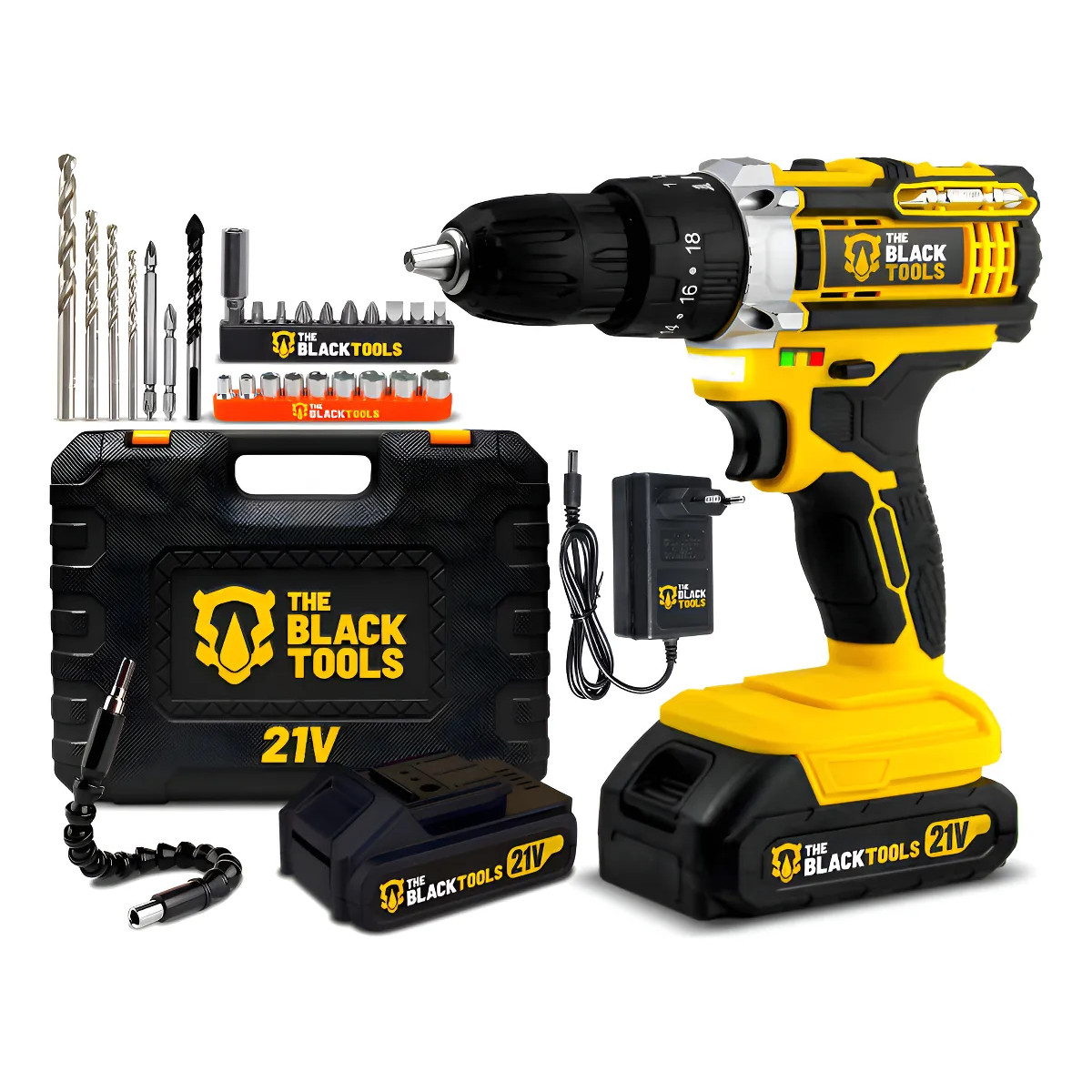 Parafusadeira Furadeira De Impacto The Black Tools Profissional TB-21PX 2 Baterias Com Maleta 60Hz Amarelo