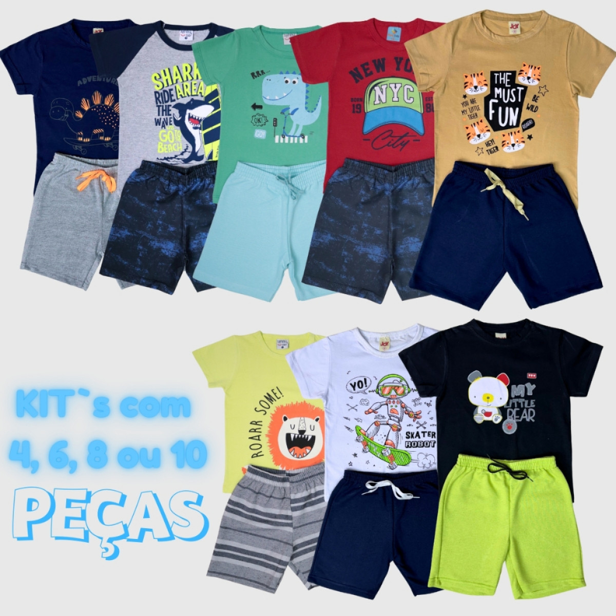 Kit de 4 a 10 Peças Conjunto Verão Menino Calor Infantil Masculino 1 a 8 anos (Camisetas + Bermudas)