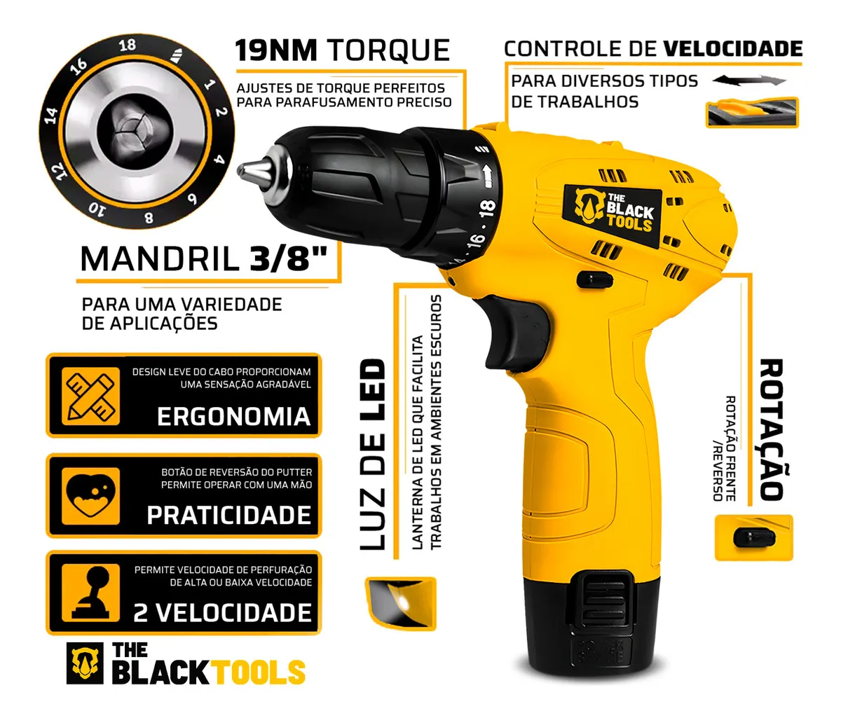 Parafusadeira Furadeira The Black Tools TB12A 3/8 a Bateria Cor Amarelo Frequência 60Hz