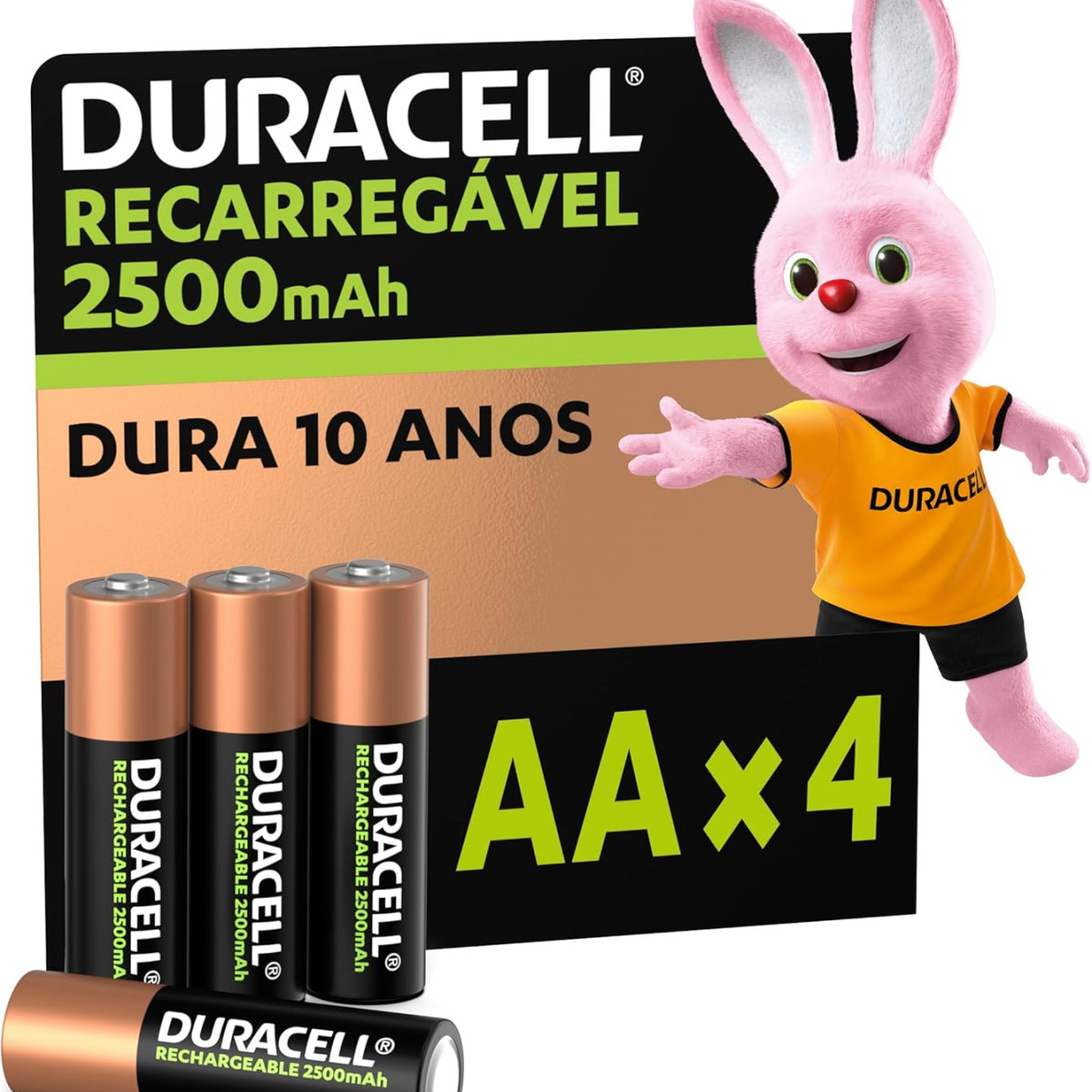 Duracell Pilha Recarregável AA 2500mAh Pequena Com 4 Unidades – Ideal para Controle Xbox™, Câmeras Digitais e Brinquedos de Alto Consumo