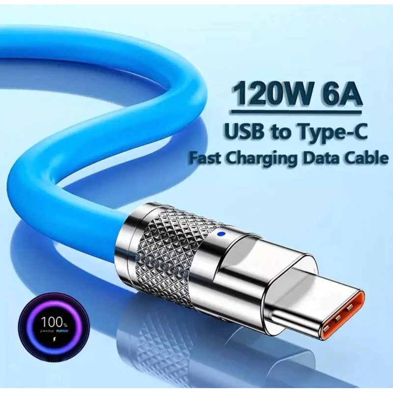 Cabo USB Tipo-C/V8/IPhone 5A Super Rápido 100cm, Carregamento Turbo, Alta Durabilidade, Reforçado, Cor Aleatória