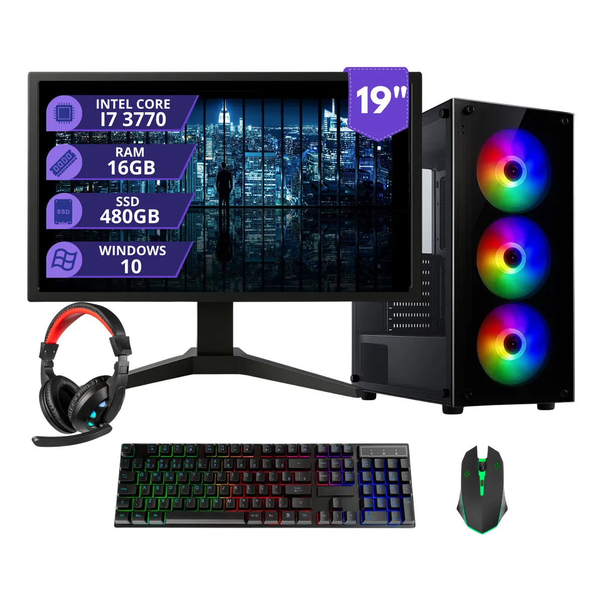 PC Gamer Completo I7 3.4Ghz 16GB SSD 480GB 500w Monitor 19 480 GB 16 GB Placa De Video Integrada