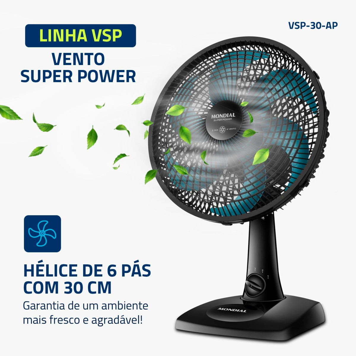 Ventilador de Mesa Mondial 220V, 30cm, 6 pás, Super Power - VSP-30-AP