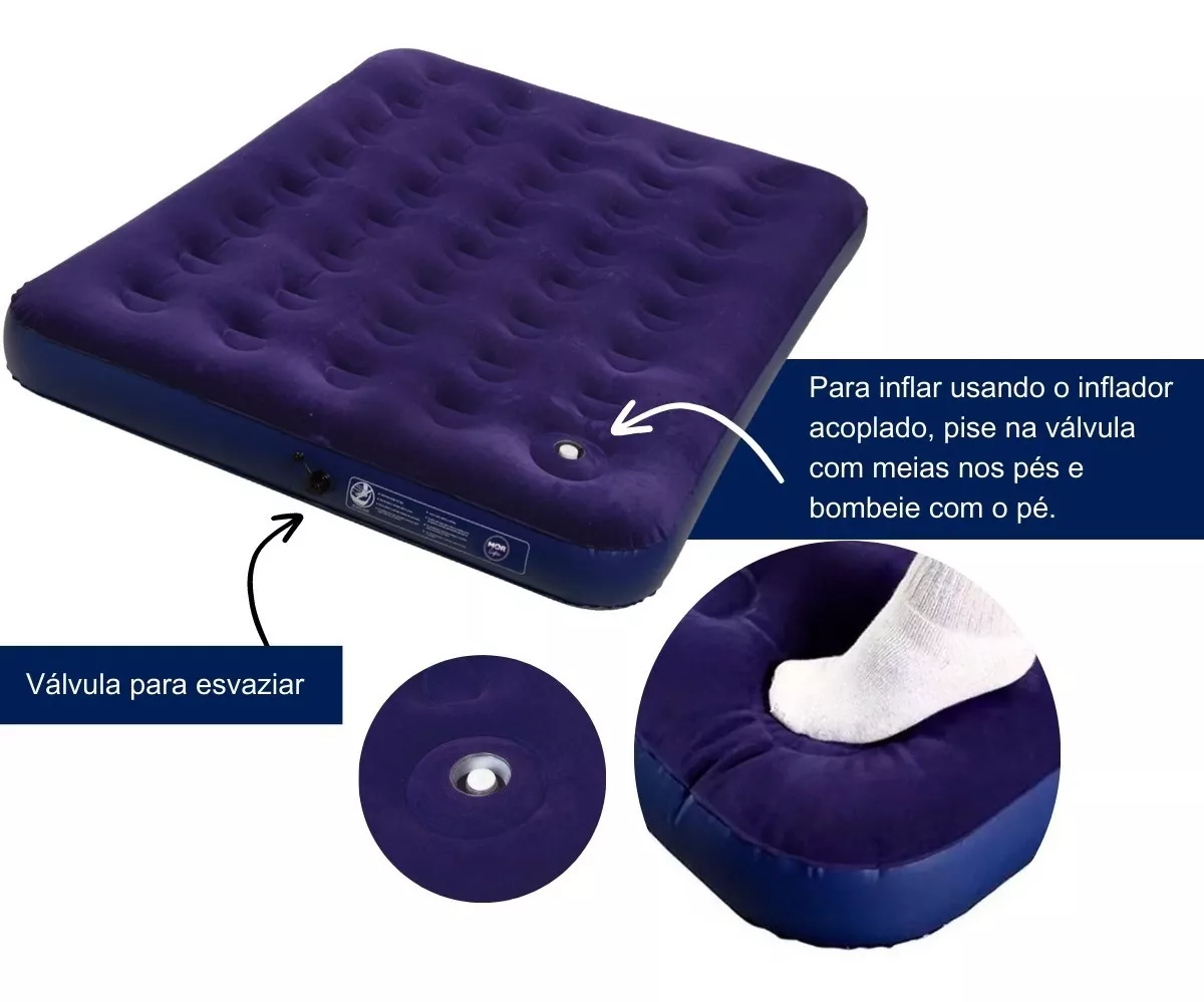 Colchão Inflável Casal MOR - Aveludado + Inflador Fole Embutido - Portátil Resistente - Camping, Piscina, Hóspedes