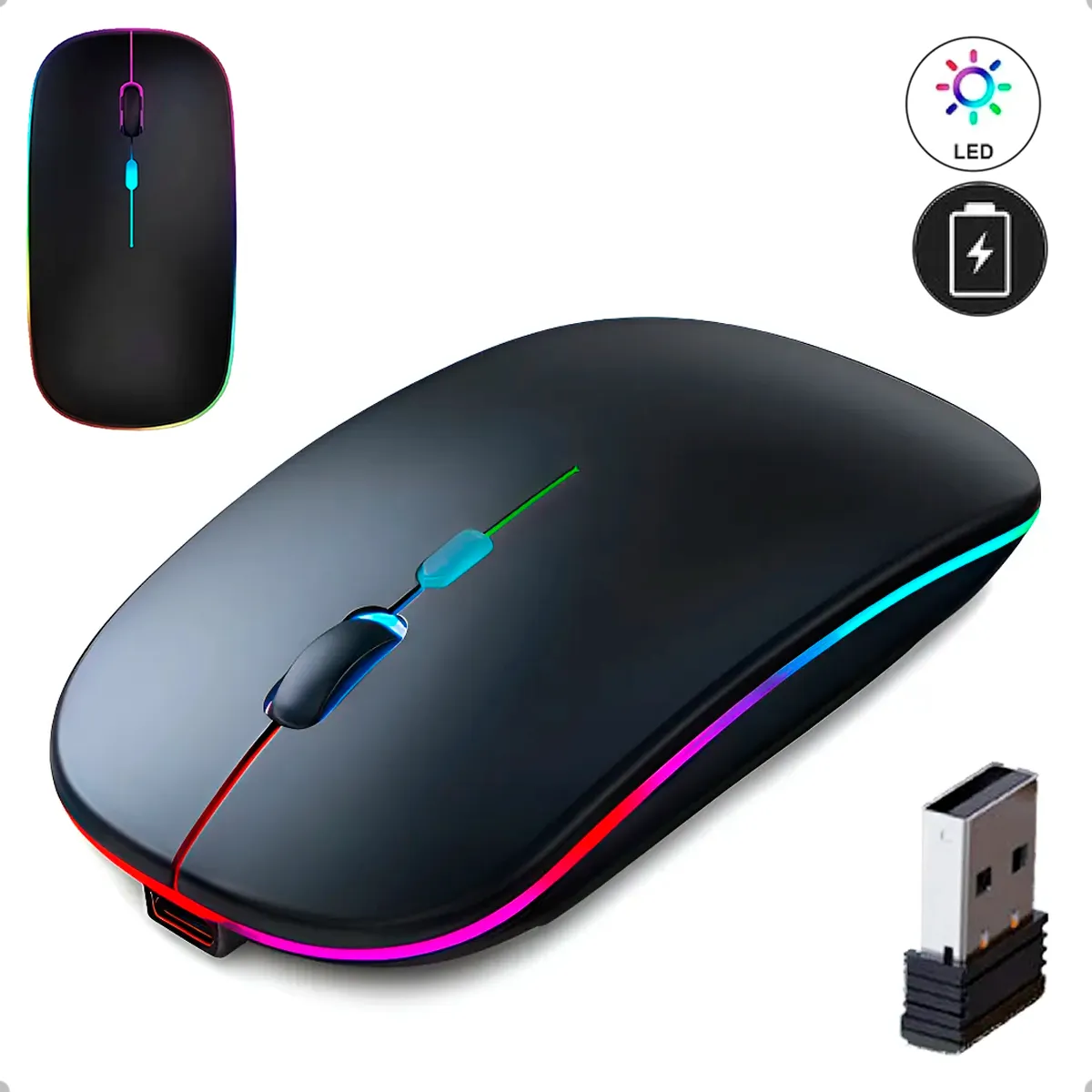 Mouse Sem Fio Recarregável Wireless Optico Led Rgb Ergonômico Sem Fio Para Pc Desktop Notebook Tablet Smartphone Davely Preto