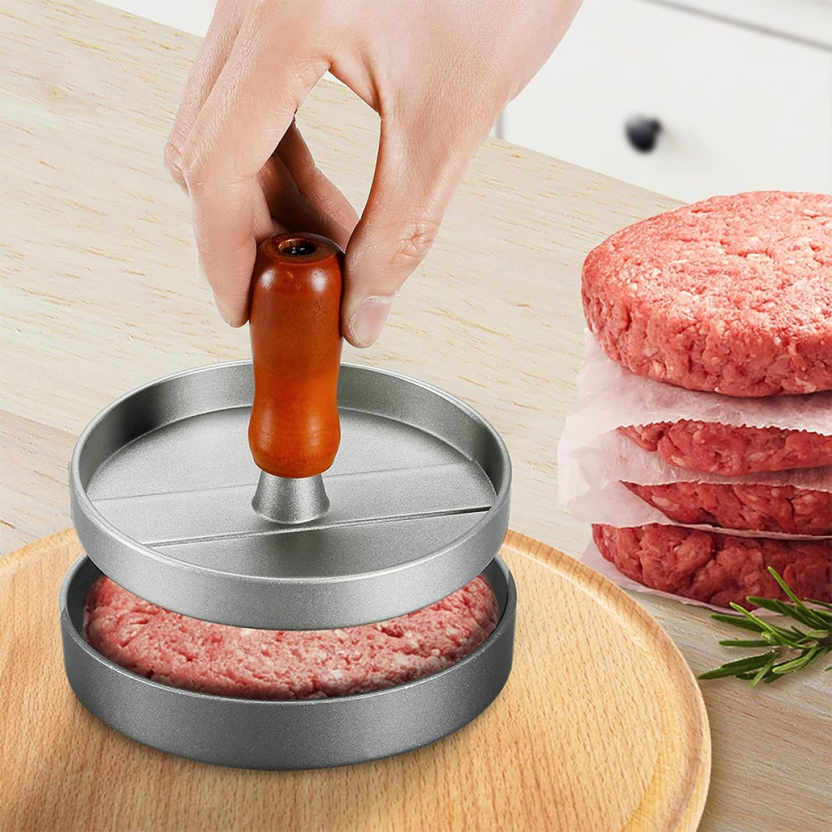 Forma Modeladora de Hambúrguer Molde Prensa Carne 3 em 1 Divisória Rigideira Antiaderente Fazer Hambúrguer Caseiro Fácil