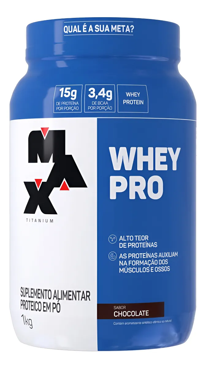 Suplemento Whey Pro Max Titanium Concentrado Pote 1kg Sabores: chocolate, baunilha e morango