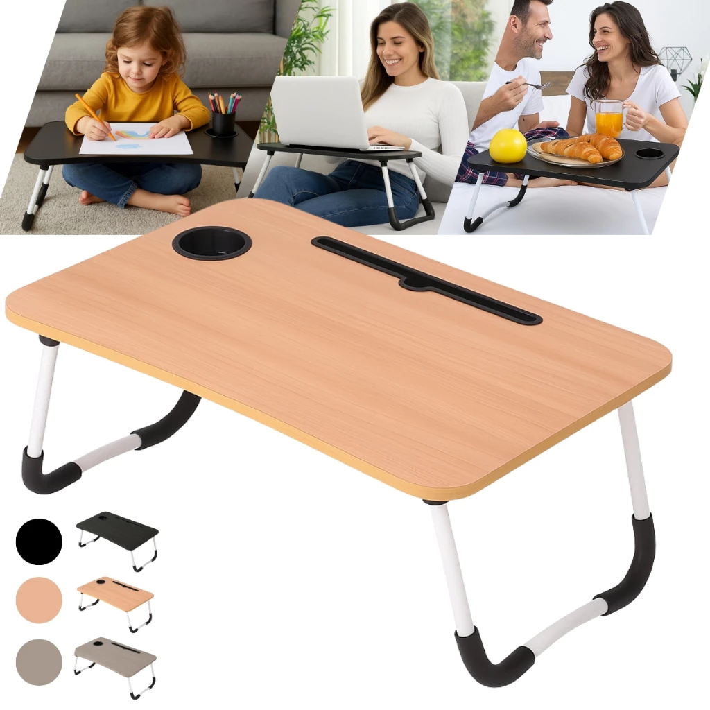 Mesa Portátil Dobrável Com Gaveta Para Notebook Home Office Estudo Refeição Cama Com Porta Copo MDF