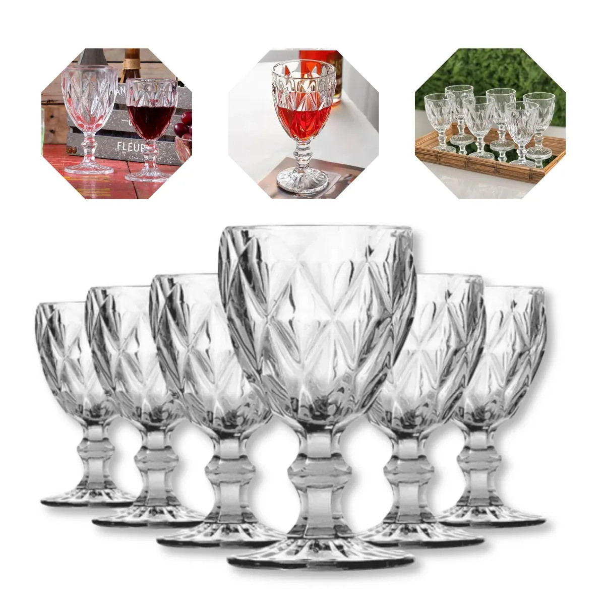 Jogo 6 Taças Diamante Vidro 330ml Copo Diamond Moderno Luxo Transparente Diamante Lapidado