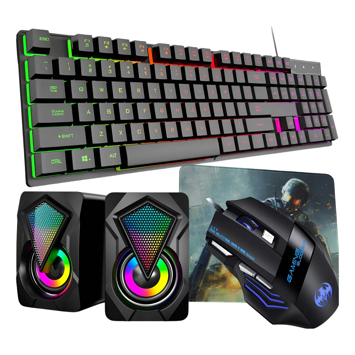Kit Teclado Semi-mecânico +mouse Gamer +caixa D Som Mousepad