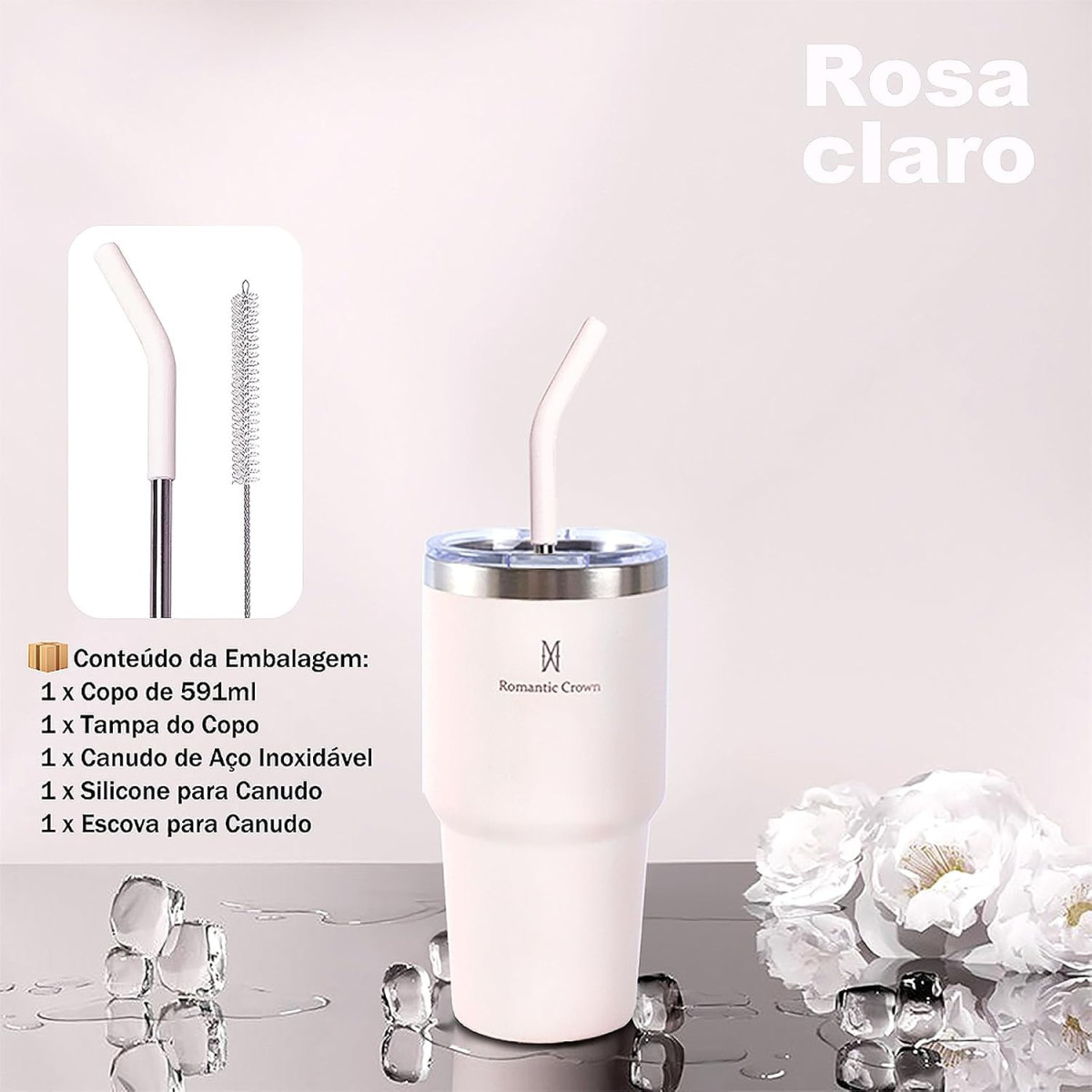 Copo Térmico de Aço Inoxidável 591ml, com Canudo e Tampa