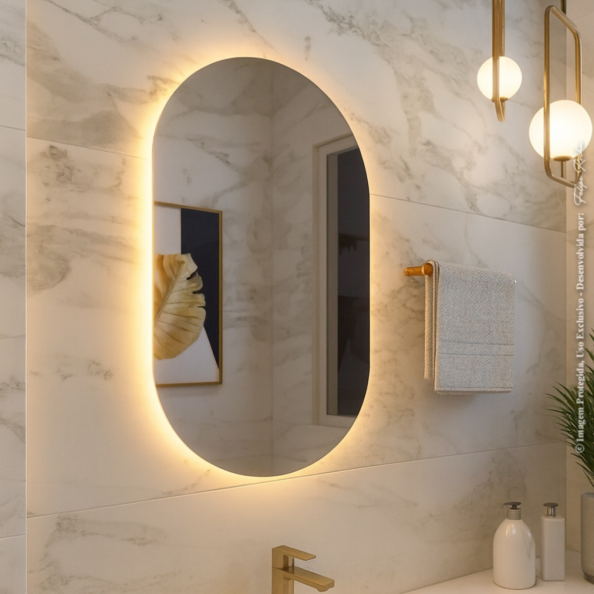 Espelho Grande De Parede Oval Com Led Orgânico  Banheiro Sala Quarto Luz Quente E Fria