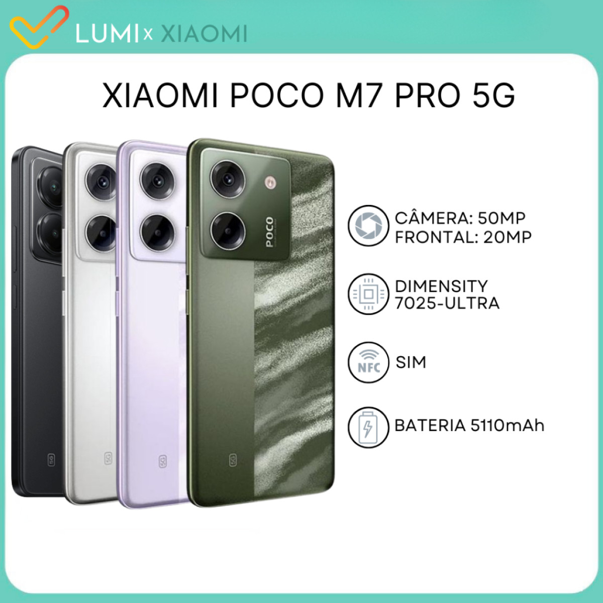 Xiaomi Smartphone POCO M7 Pro 5G 256GB | 8GB/12GB RAM | Processador Ultra Potente Dimensity 7025 | Tela AMOLED FHD+ 120Hz com Proteção Ocular | Bateri