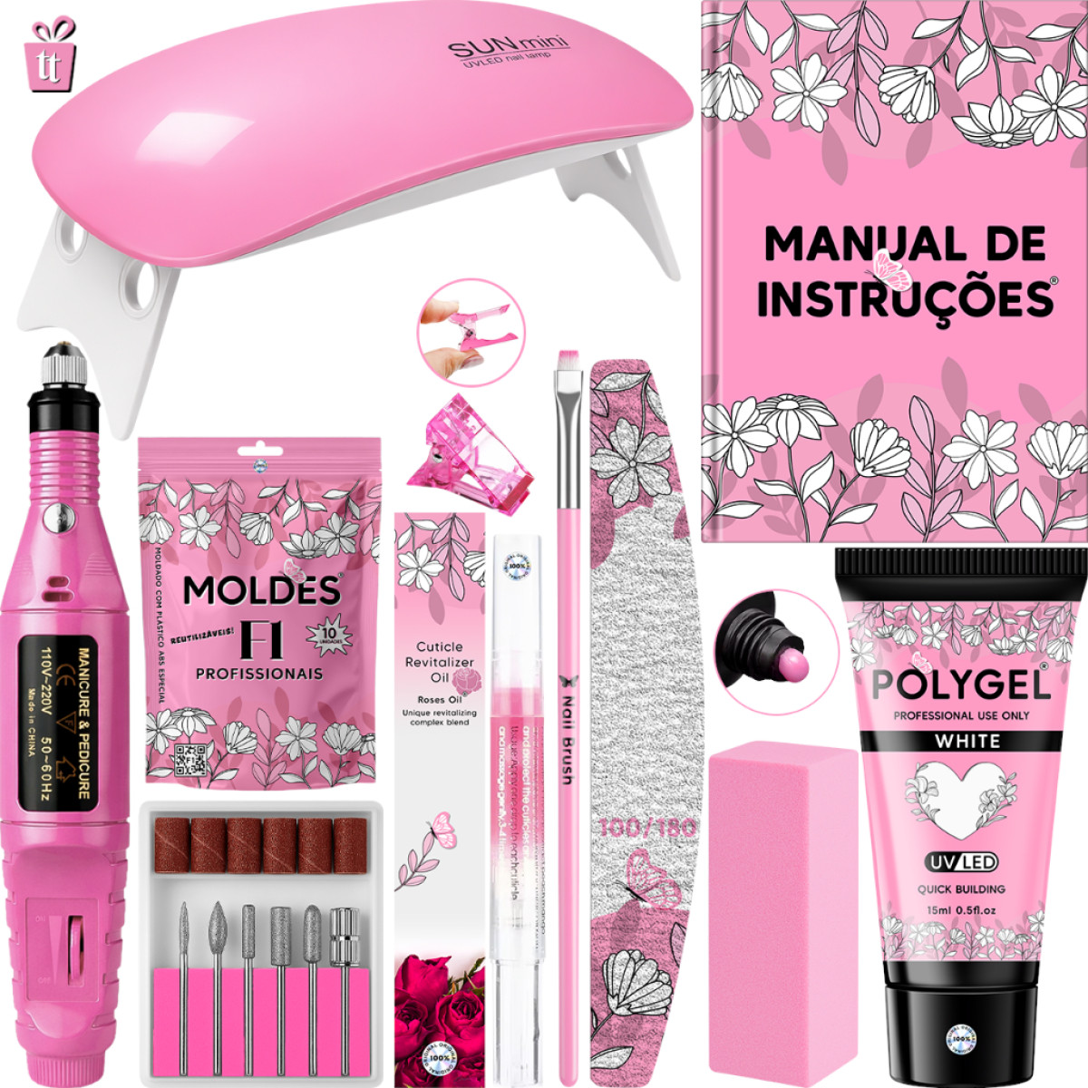 Kit Polygel + Lixadeira Caneta + Cabine Sun Mini + Polygel + Molde F1