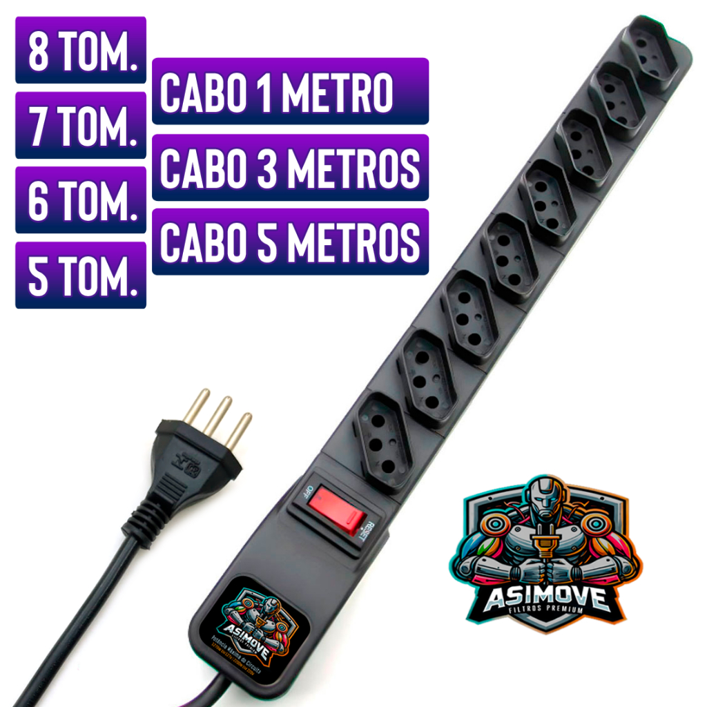Filtro Linha 5 6 7 e 8 Tomadas Cabo 5mt 3mt 1mt [ ASIMOVE PREMIUM ]